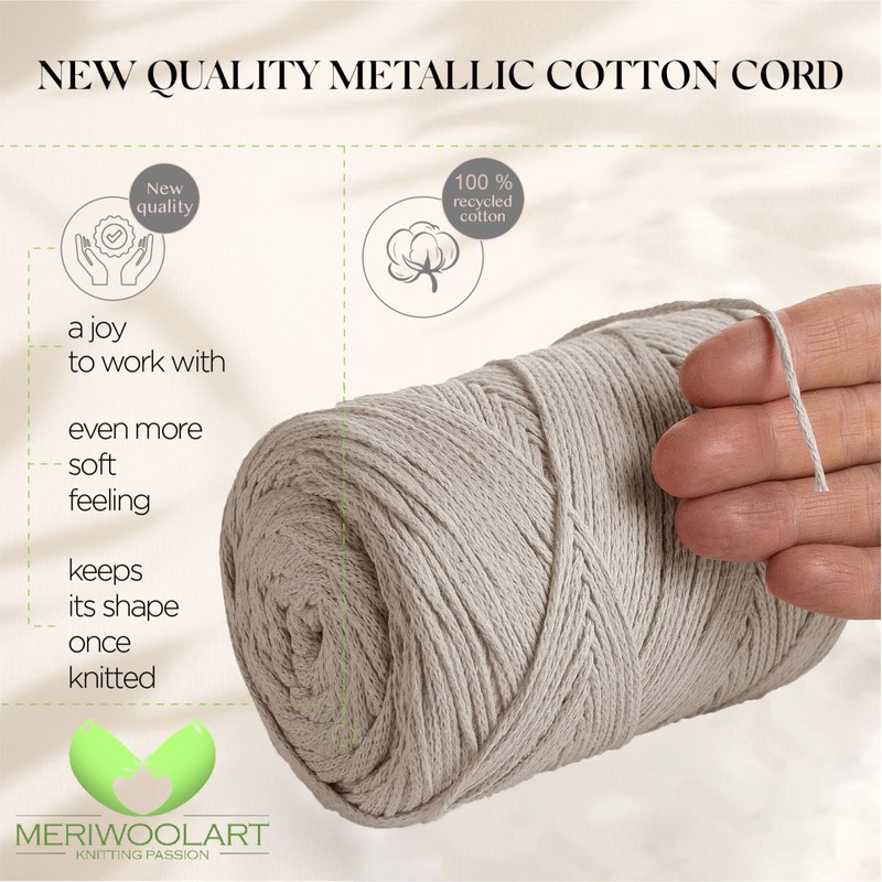 MeriWoolArt® Macrame Yarn Beige 2 mm x 250 m Cotton
