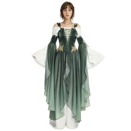 daizbella Medieval Renaissance Costume Elf Cosplay Green Dress with Sleeves