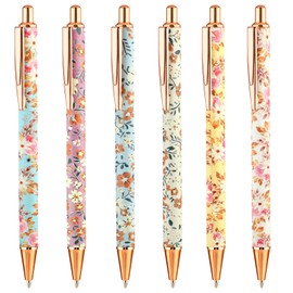 TIESOME Aesthetic Ballpoint Pens, Pack of 6 1 mm Retractable Flowers Ballpoint Pen Gel Ballpoint Pen with Black Ink Pretty Pens Smooth Writing Pens Gel Pen for Colleagues Office Gifts (B)