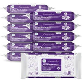 MED PRIDE XL Premoistened Adult Washcloths (12 Packs of 50) | Ultra-Soft Disposable Wipes | Paraben-Free, Rinse-Free Bathing Wipes, 8”x12” No-Shower Body Cleansing Wipes, Lavender Scent