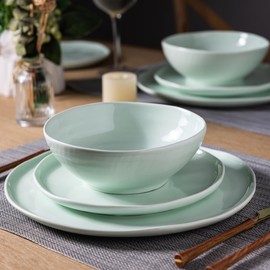 LERATIO Ceramic Dinnerware Sets for 4,Porcelain Plates and Bowls Sets with Wavy Edge,Microwave & Dishwasher & Oven Safe,Light Weight & Scratch Resistant Dishes Sets-Service for 4 (12pcs)-Light Green