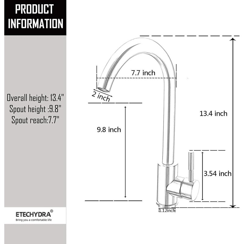 Etechydra Single Hole Brushed Nickel Stainless Steel High Arc Kitchen