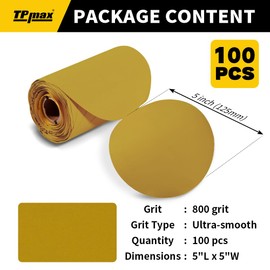 100PCS 5 Inch PSA Sanding Discs 800 Grit | Self-Adhesive Sandpaper Roll for DA Sanders, Orbital Sander | Gold Aluminum Oxide Sticky Back Abrasive Discs for Automotive, Woodworking, and Metal Polishing