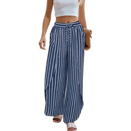 BMJL Womens Wide Leg Summer Pants Flowy Side Split Palazzo Beach Pants Boho High Waisted Trousers(XL,Blue Stripes)