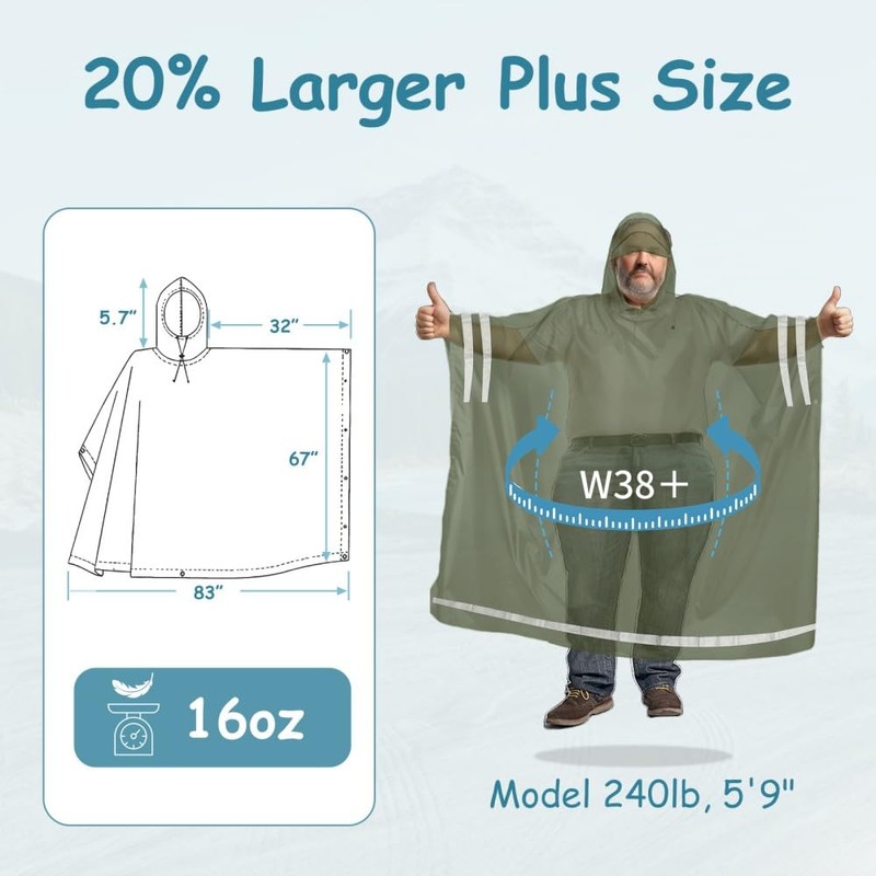 Plus Size Rain Poncho with Hood and Reflective Stripes, Big
