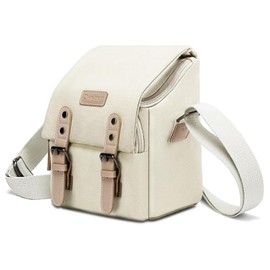 Cwatcun Compact Camera Bag Purse Case Canvas Leather Trim Compatible for Nikon, Canon, Sony Mirrorless Camera and Lenses Waterproof, Camera Shoulder Messenger Bag Beige