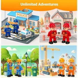 FUNERICA 8-Set Bendable Play People Figures for Kids - Firefighters, Police Officers, Construction Workers, Sanitation and Community Helpers Figurines