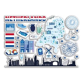 #80395 Sticker Sheet Netherlands Blue Landmark Vinyl Sticker - Amsterdam Map Airport Skyline Flag Travel Holiday Country City Aesthetic
