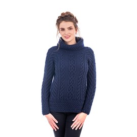 SAOL Women's 100% Merino Wool Fisherman Funnel Neck Cable Knit Long Loose Fit Sweater Knitwear (Navy, Medium)