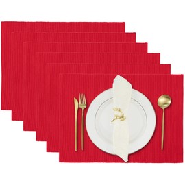Chinese Red Placemats, Set of 6, Kitchen Dining Table Cloth, Reversible Cotton Placemats for Party Decorations, 33 x 48 cm