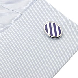 ブルー ブラック ストライプ チェック オーバル シェル カフス カフスボタン カフリンクス (ブルー ストライプ)