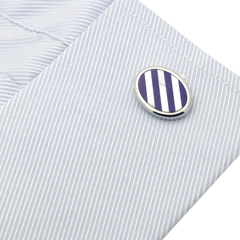 ブルー ブラック ストライプ チェック オーバル シェル カフス カフスボタン カフリンクス (ブルー