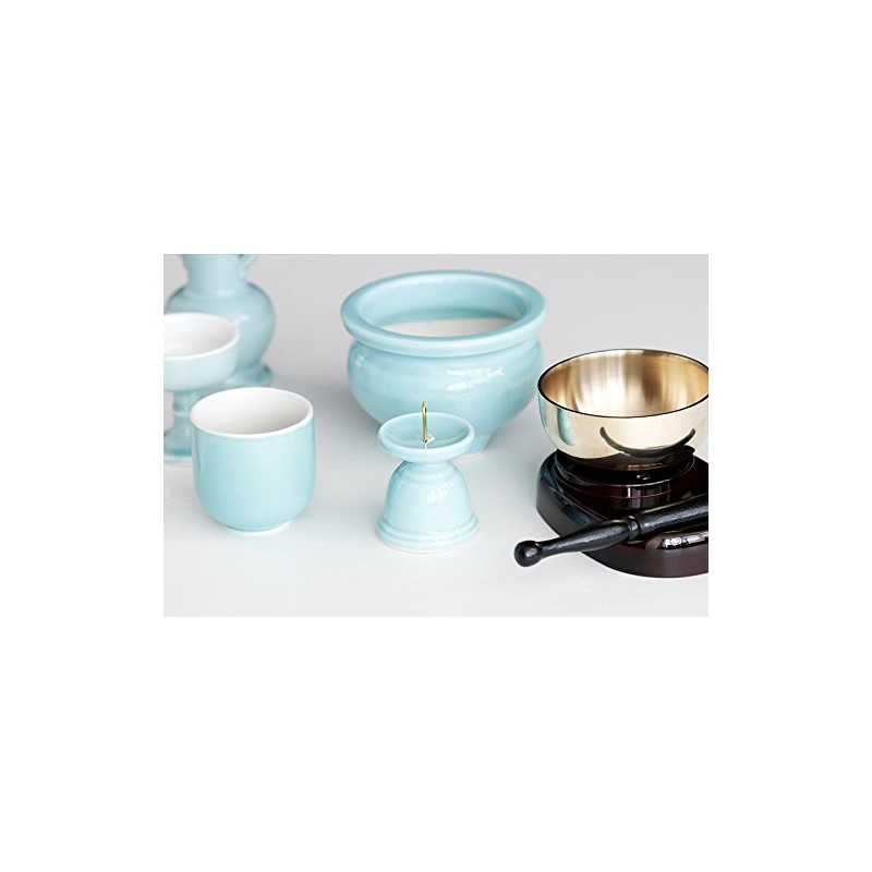 Yamako Japanese Buddhist Altar Set, Celadon, Blue Background, Pottery 5
