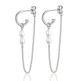 Earrings Hanging Silver/Gold Long Drop Earrings with Pearls for Women Hypoallergenic Drop Dangle Chain Gold-Plated Earrings, White Gold
