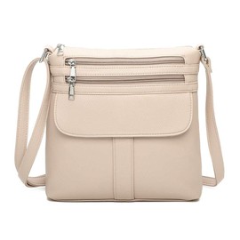 Women's Slim PU Leather Multi-Pockets Sling Messenger Handbag Shoulder Crossbody Bag -ALMOND