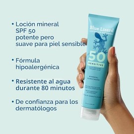 Blue Lizard Protector solar mineral sensible SPF 50, loción, 100% protector solar mineral, protección UVA/UVB, enriquecido con Aloe Vera orgánico, cal
