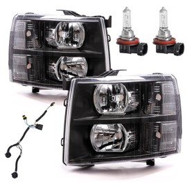 ISHARINGAUTOPARTS Headlight Assembly w/Bulb & Wiring Harness Compatible with 2007 2008 2009 2010 2011 2012 2013 Chevy Silverado 1500/2007-2014 Silverado 2500HD 3500HD Replacement Headlamp Black Clear