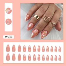 Medium Almond Press on Nails French Tips with Flowers Design Acrylic Nail Fake Nails Press 24 Pcs (Pink-15, M-15)