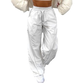 Zontroldy Cargo Pants Women Parachute Pants Y2K Baggy Casual High Waist Wide Leg Track Pants Streetwear(0946-White-XL)
