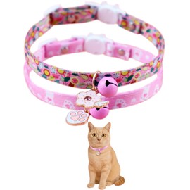 GoldTiger Pink Cat Collar with Bell, Breakaway Cat Collar with Charms-Adjustable Pet Accessory for Small to Medium Cats-2PC(7.87-11.81 inches)