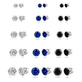 Ofeiyaa 15 Pairs Magnetic Stud Earrings Cubic Zirconia Non-Piercing Earrings Set Clip on Fake Earring Jewelry for Women Men 4-5-6-7-8MM White Black Blue Color