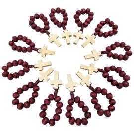 12 Pieces Catholic Finger Rosary Ring Red Wooden Prayer Beads Pocket Rosary with Cross One Decade Mini Rosaries in Bulk for Baptism Party Favors Religious Gifts