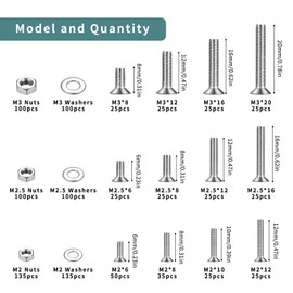 M2 M2.5 M3 Countersunk Bolts and Set, Torx Screws Set, Torx Flat Head Machine Screws Nuts and Washers,Assorted Nuts and Bolts Assortment Kit (silver)