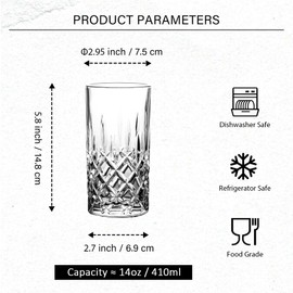 binsakao Highball Glasses Collins Tall Beverage Set of 6, 14 Ounce Cups Glassware for Drinks, Water, Beer, Soda