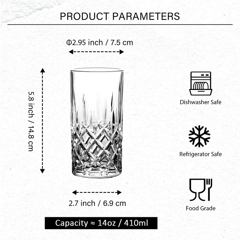 binsakao Highball Glasses Collins Tall Beverage Set of 6, 14