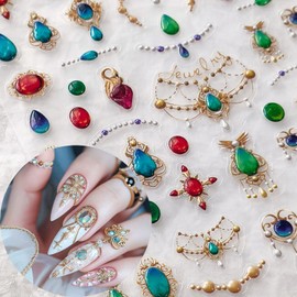 1Sheet Gemstone Nail Art Stickers 5D Embossed Jewels Nail Decals with Gold Edge Designs Nail Stickers for Acrylic Nails Self-Adhesive Golden Beads Pearls Nail Decal for Women DIY Nails Decor Supplies