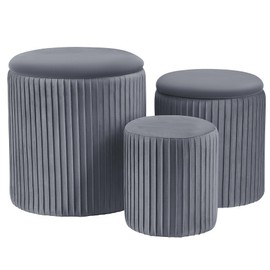 WENRENER Ottoman with Storage, Velvet Round Storage Ottoman Set of 3, Multifunctional Upholstered Vanity Stool, Modern Cute Ottoman Foot Rest for Living Room Bedroom, Coffee Table, Grey