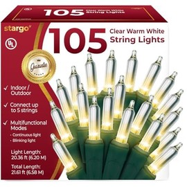 Clear Warm White Christmas Tree Lights - 20 ft String of 105 Incandescent Mini Bulbs Multifunctional Lighting Modes, for Decorative, Bedroom, Outdoor, Xmas Twinkle Lights with Green Wire Total 21.6 ft