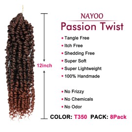 Passion Twist Hair - 8 Packs 12 Inch Passion Twist Crochet Hair For Black Women, Crochet Pretwisted Curly Hair Passion Twists Synthetic Braiding Hair Extensions (12 Inch 8 Packs, T350)