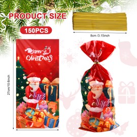 150 Pcs Christmas Treat Bags, Christmas Party Candy Bags with 150 Pieces Gold Twist Ties, 12 Styles Christmas Goodies Bags Gift Bags for Christmas Party Favors