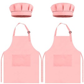 TOPWAYS Kids Apron and Chef Hat, Kids Aprons for Cooking, 2 Pack, Adjustable, Kids Chef Outfit, Toddler Kitchen Cooking Apron, Kids Artist Apron, Bibs for Kids from 3 4 5 6 7 8 9, 2 x pink