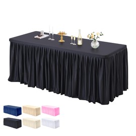 PARTISKY 1 Pack Black Tablecloths for Rectangle Tables 4ft, Wrinkle Resistant Black Table Cover Fitted Stretch Table Cloth with Pleated Ruffle Table Skirts for Party Banquet Dining Birthday Wedding