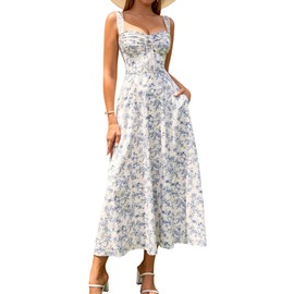 KUTUMAI Floral Corset Midi Dresses for Women 2025 Lace Up Flowy Summer Wedding Guest Dress with Pockets BlueFloral M