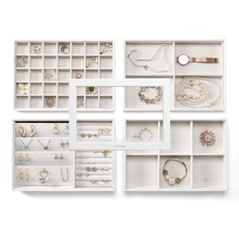 Vlando Jewelry Tray - Faux Leather Glass-top Jewelry Storage Organizer - Earring Necklace Bracelet Ring Display Desktop Drawer Chest, 4-Layer w/Clear Lid, White