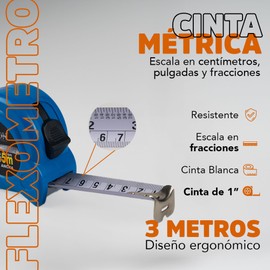 Cinta Metrica - Flexometro 3 M | Cinta Ancha de 19mm (3/4") | Herramientas Ergonómicas | Escala en Centímetros, Pulgadas y Fracciones | Cinta Blanca para Mayor Visibilidad | Azul | WALKON