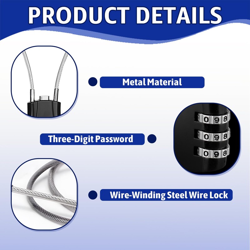 3 Digit Cable Combination Locks, Cable Wire Combination Padlock Anti-Theft