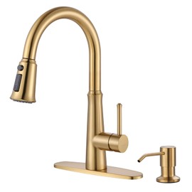 WOWOW Gold Single Handle High Arc Stainless Steel Faucet with Pull Down Sprayer for Sink 2 or 4 Hole, Pull Out Kitchen Faucet with Deck Plate & 3 Functions