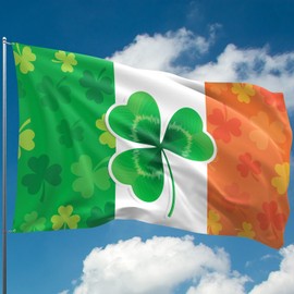 Irish Shamrock Flag (Ireland, Eire, St. Patrick's Day) - 110den Thick Polyester - Digital Print - Double Stitched - 2 Brass Grommets Large 5ft x 3ft