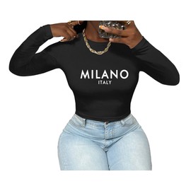 LovelyWholesale Long Sleeve Crop Tops for Women Graphic Fitted Top Crew Neck Shirts Black X-Large