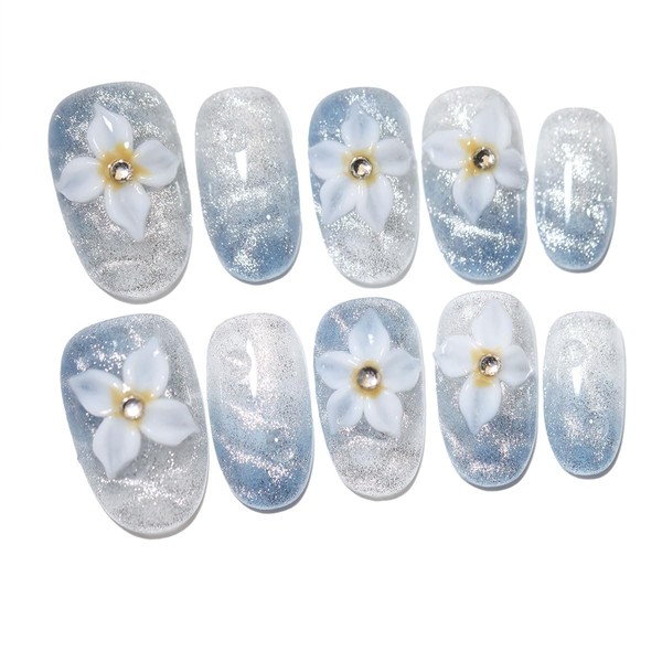 10 pcs Handmade 3D Flower Rhinestone Press-On Nails, Sparkly Blue-Silver