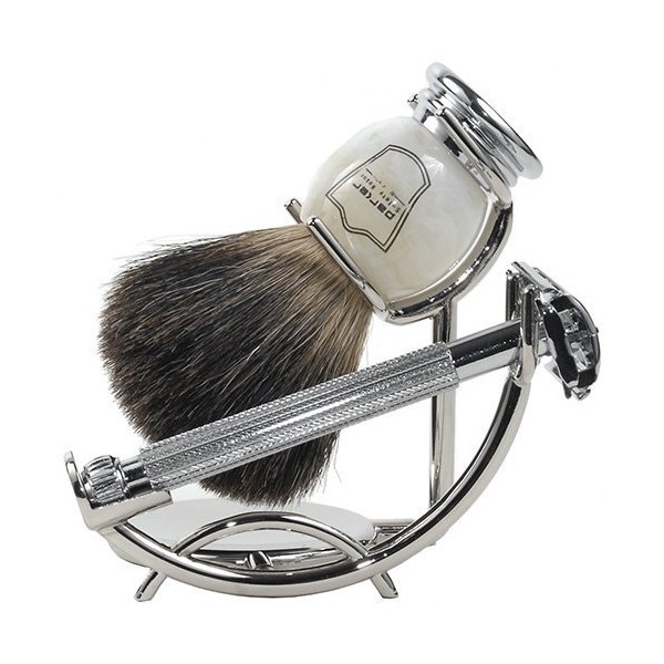 Parker 29L Safety Razor Shave Set - Includes Black Badger Brush, Stand & Parker 29L Butterfly Open Safety Razor