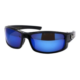 Locs Sunglasses Mens Black Wrap Rectangular Shades Blue Mirror Lens UV 400