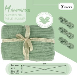 Lykoow 3 Pack Sage Green Cheesecloth Table Runner, 13Ft x 35" Sage Rustic Gauze Boho Wedding Table Runner Decoration, Wedding Party Bridal Shower