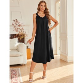 Ekouaer Sleeveless Nightgowns for Women Long Night Gown Pleated Full Length Sleepwear Tank Sleep Dress Slit Dress Black M