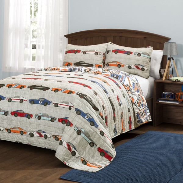 Lush Décor Lush Decor Beige Race Car Kids' 2-Piece Quilt, Reversible Bedding Set for Boys (Twin), Blue/Orange