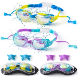 GwaOery Kids Swimming Goggles Adjustable Swim Goggles with Nose Clip & Earplugs Anti Fog Swim Goggles UV Protection Clear Vision Resist No Leaking Childrens Goggles for Toddler Boys Girls（Blue Yellow）